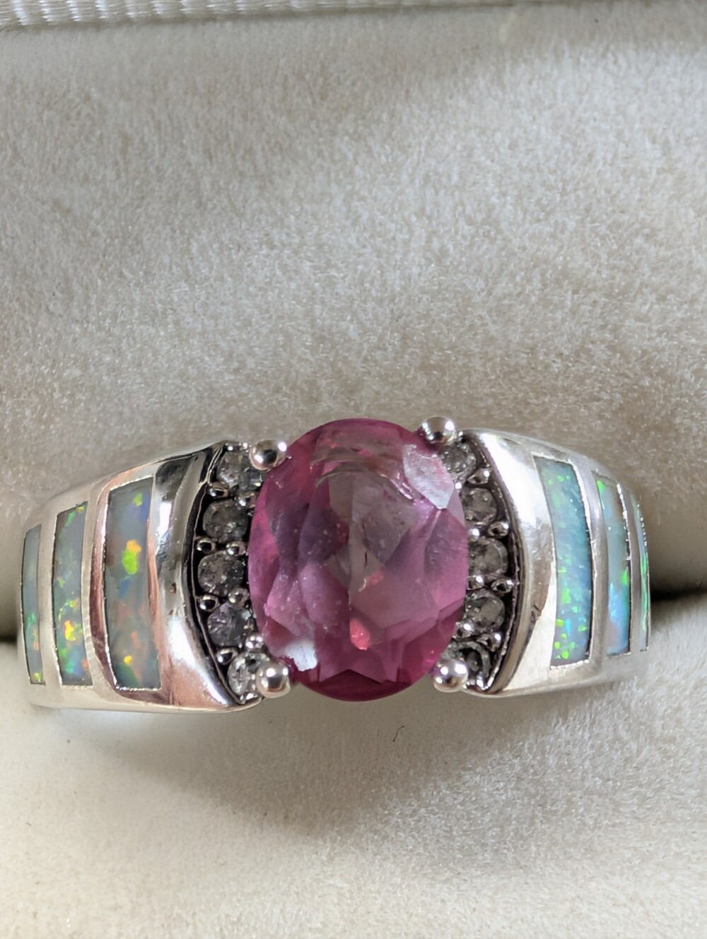 Gorgeous Oval Pink Sapphire/Opal Simulant Silver/Great  Cruise Vacay Ring